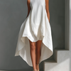 Women's White Sleeveless Midi Dress With Round Neck & Asymmetric Hem
