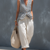 Women's Casual Striped Woven Sleeveless Vest Paired With White Trousers Set