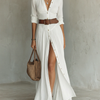 Long Maxi Dress with Notched Collar and Long Sleeves for Women
