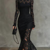 Teresa - Elegant Maxi Fishtail Dress in Stretch Black Lace