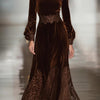 Lace Patchwork Turtleneck Balloon Sleeve Velvet Maxi Dresses