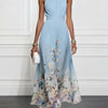 Light Blue Floral Chiffon Halter Sleeveless Maxi Dress