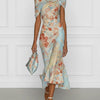 Vittoria | Midi Mermaid Dress Without Sleeves with Off-Shoulder and Blue Floral Pattern