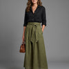 Vera | Two Piece Set Black Blouse Olive Green Midi Skirt