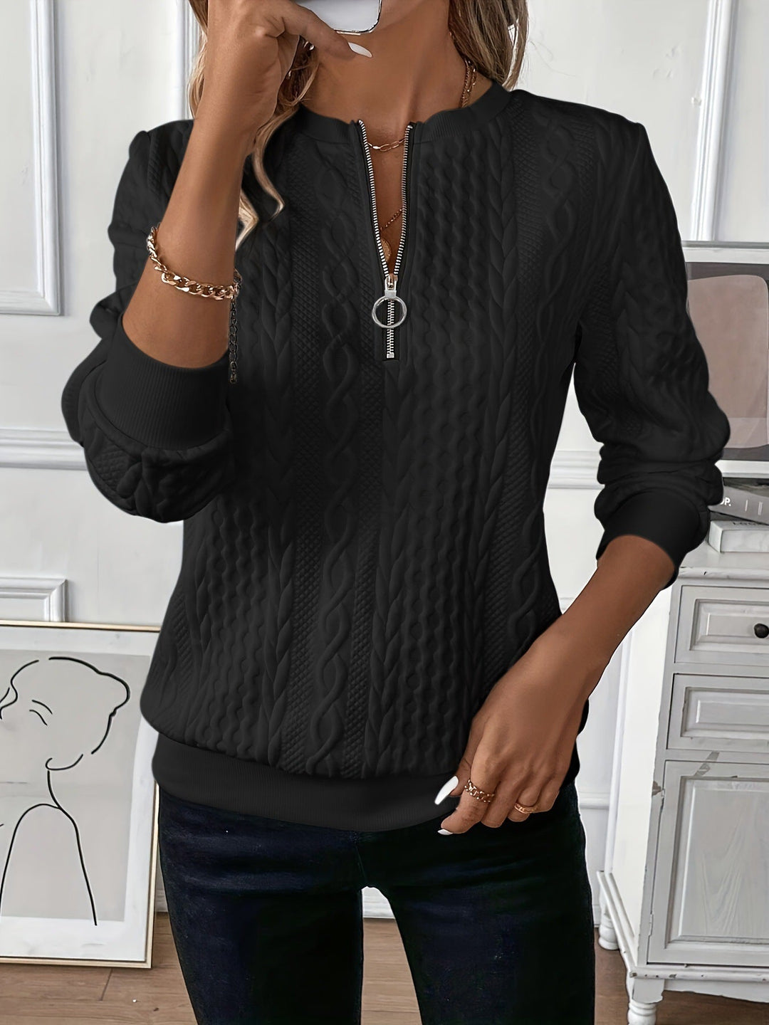 Natalia - Textured Sweatshirt with Quater Zip