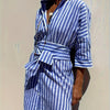 CHRISTINE | STRIPED PRINT DRESS WITH BUTTON CLOSURE AND BELT