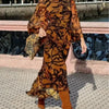 Brown long printed dress with wide sleeves