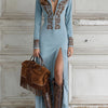 Western Half-Zip Embroidered Faux Suede Fringe Maxi Dress
