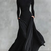 Adele - Modern long black crepe dress with boat neck and pleats