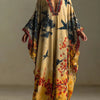 Red Maple Blossom And Bird Art Print Batwing Sleeve Long Robe Dress