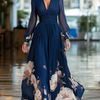 Navy Blue V-neck Tulle Sleeve Pleated Floral Maxi Dress