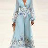 Light Blue V-neck Chiffon Printed Maxi Dress