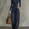 Navy Lace-Panel Long Sleeve Top And Sheer Pleated Wide-Leg Pants Set (with belt)