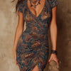 Dark Blue Paisley Print V-neck Pleated Bodycon Mini Dress
