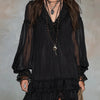 Black V-neck Lantern Sleeve Ruffled Chiffon Mini Dress
