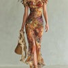 Viola | Long orange chiffon dress with bohemian-style oil painting print