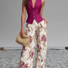 Rose Pink Sleeveless Vest And Floral Printed Wide-leg Pants Set