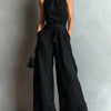 Black Faux Halter Neck Vest With Tie-up Lace-trimmed Wide-leg Pants Set