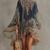 Navy Blue Baroque Print High-neck Irregular Chiffon Mini Dress