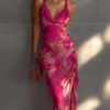Fuchsia Floral Print Sleeveless Ruched Side Split Bodycon Dress