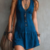Bohemian Indigo V-Neck Button-Down Sleeveless Mini Dress