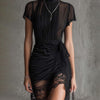 Black Chiffon Pleated Waist Lace-trimmed Mini Dress