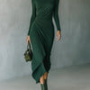 Lenora - Asymmetrical midi dress with draping and high collar in dark green color