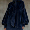 Dark Blue Velvet Bow Lantern Sleeve Mini Dress
