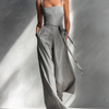 Women's Minimalist Gray Spaghetti-Strap Square-Neck Tie-Waist Wide-Leg Jumpsuit