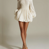 Women's Ivory Pleated Dress With Off-Shoulder Neckline & Ruched Waist, Timeless Sexy-Elegant Style Dress