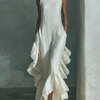 Women's Ivory Sleeveless Maxi Dress With Round Neck & Ruffle Hem