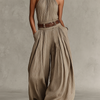 Women's Taupe Cotton-Blend Jumpsuit With Halter Neck & Wide-Leg Silhouette, Timeless Boho-Elegant Style Jumpsuit (Without Belt)