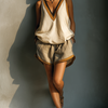 Women's Beige Contrast Trim V-Neck Tank Top & Khaki Shorts Two-Piece Set