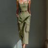Women's Olive Green Sleeveless Midi Dress With Cargo Pockets & Belted Waist