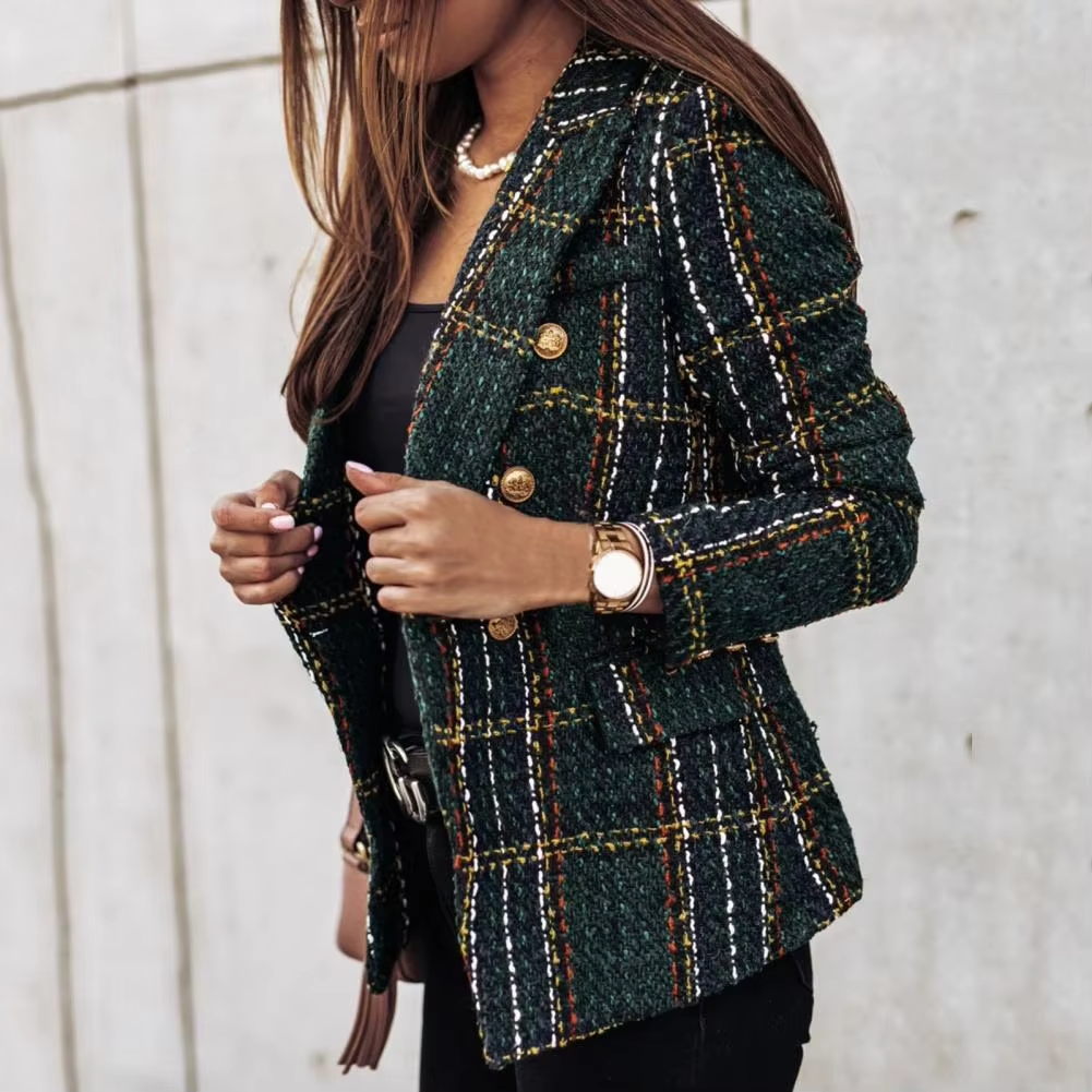 Avery™ - Modern Plaid Print Double Breasted Spring Blazer