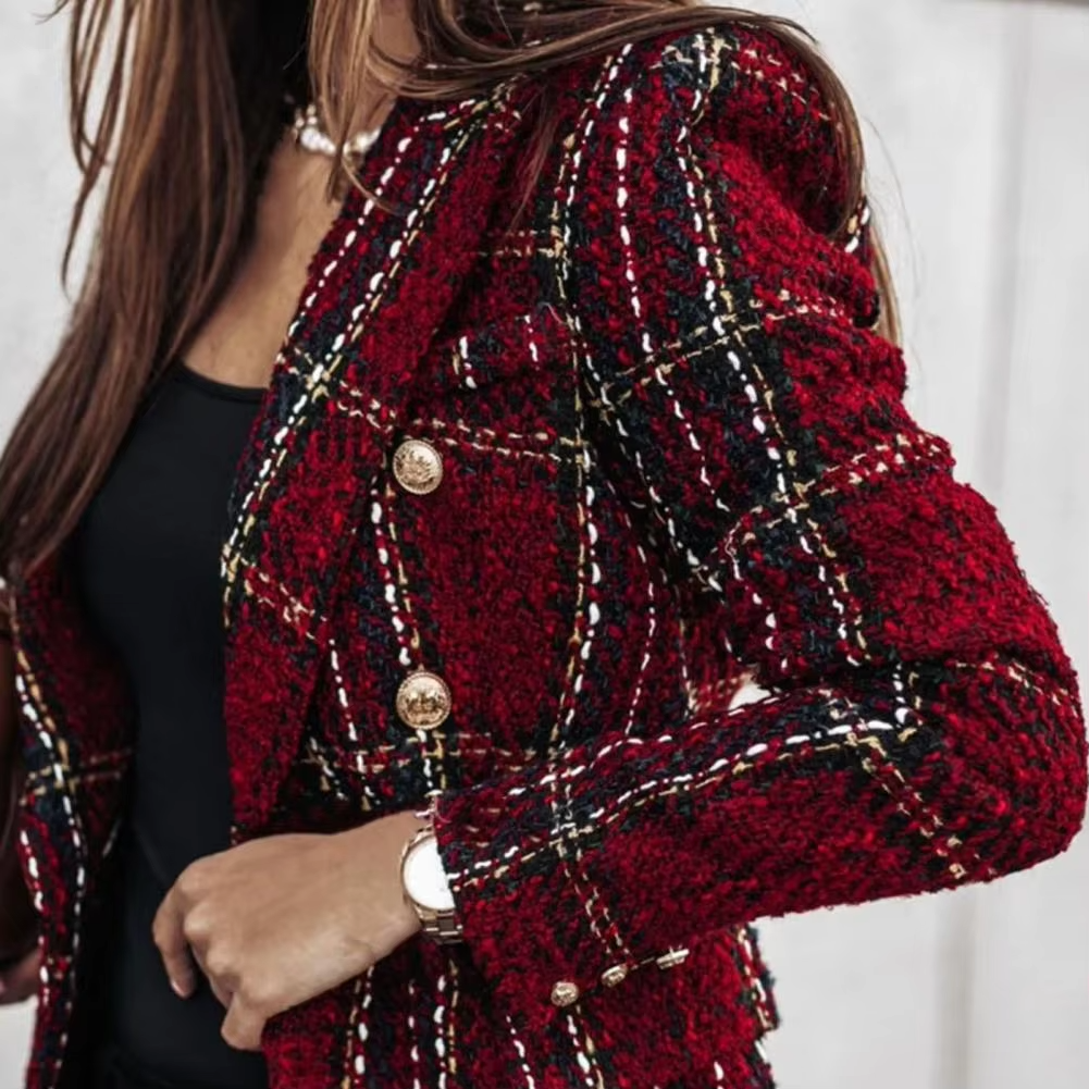 Avery™ - Modern Plaid Print Double Breasted Spring Blazer