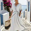 Linnea | Elegant Gathered Waist Midi Dress with Contrast Piping