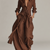 Women's Elegant Brown Long-sleeved Shirt Collar Jumpsuit With Belt