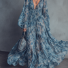 Women's Bohemian Style Blue Floral Print V-Neck Lantern Sleeve Chiffon Maxi Dress