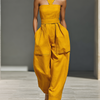 Women's Mustard Yellow Jumpsuit With Crisscross Neckline & Relaxed Trousers