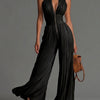 Black V-neck Sleeveless Zip-up Pleated Wide-leg Chiffon Jumpsuit
