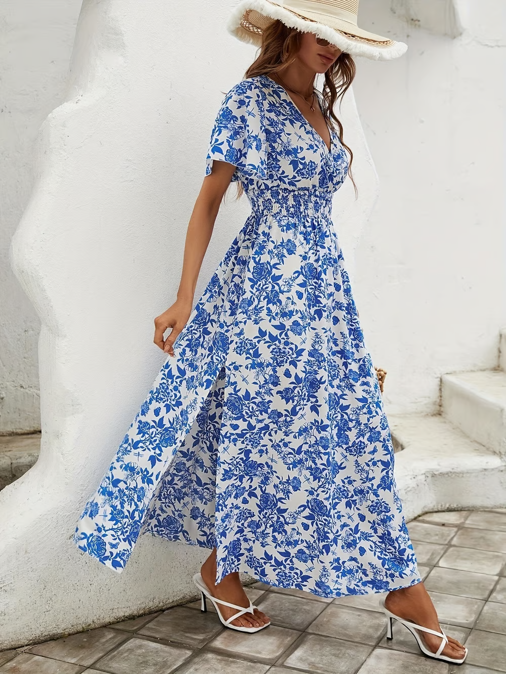 Bea - Bohemian V-Neck Blue Beach Dress