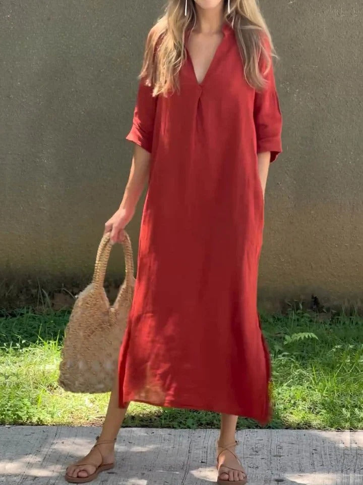 Ishael - Solid V-Neck Long Loose Fit Dress