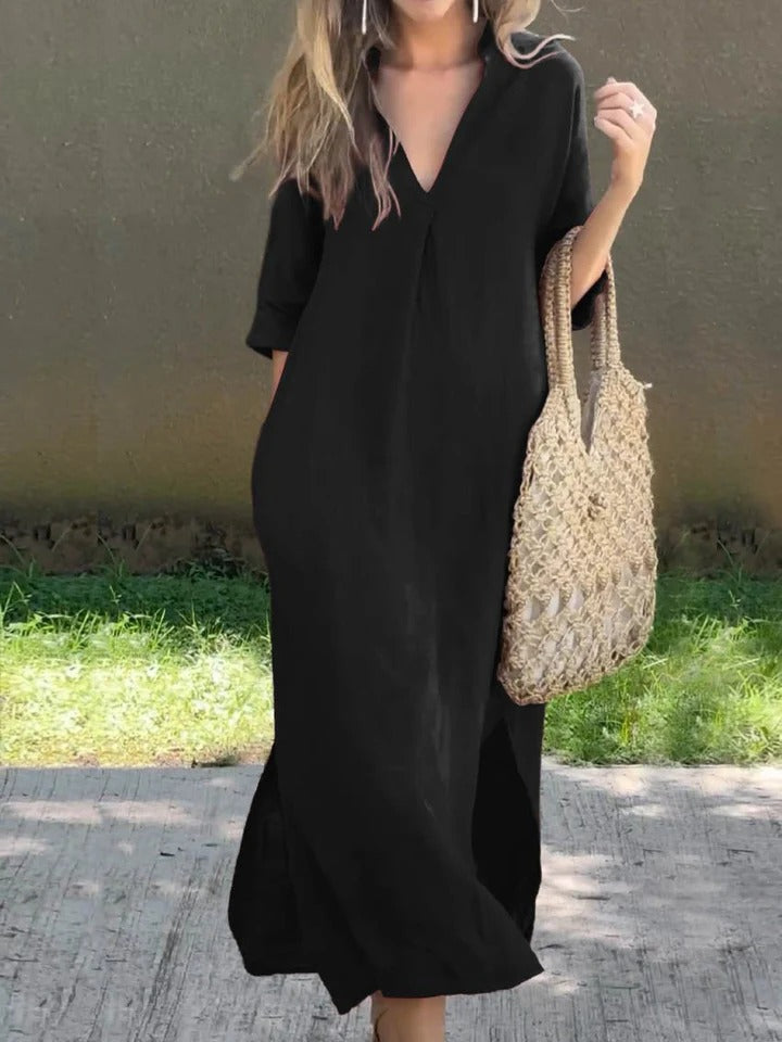 Ishael - Solid V-Neck Long Loose Fit Dress