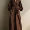 Women's Casual Brown V-neck Long-sleeved Maxi Dress With Elastic Waist