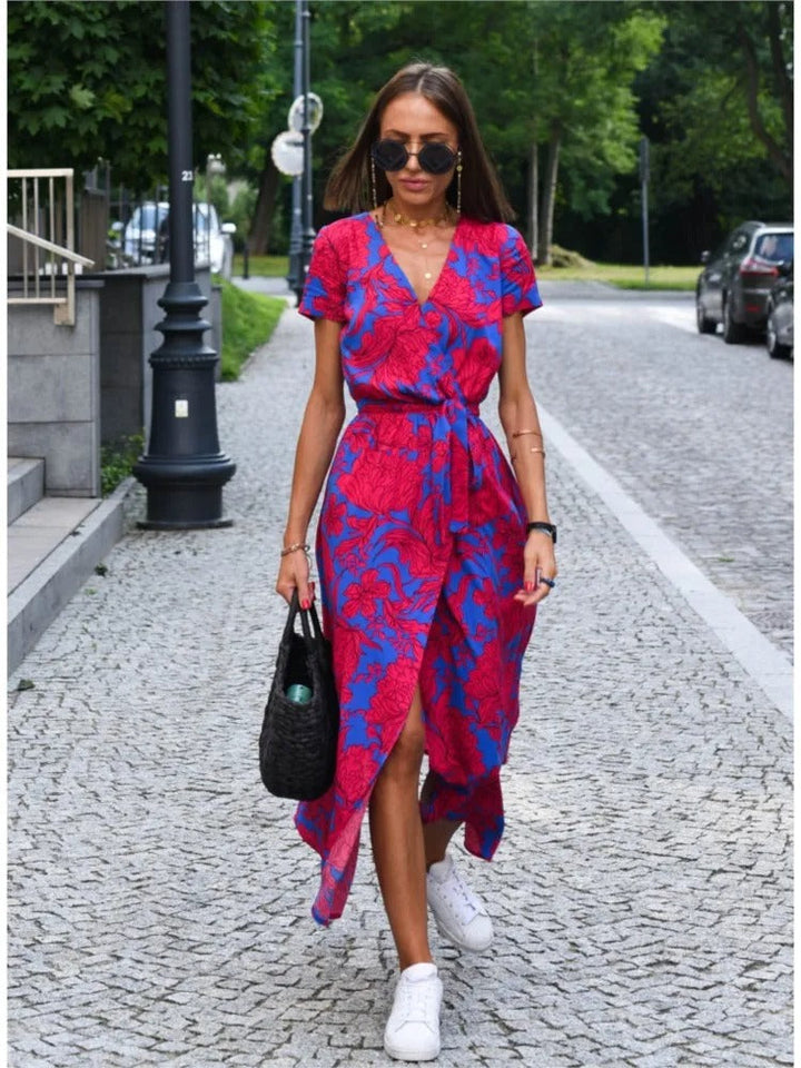 Vada - Sunset Stroll V-Neck Slit Print Dress