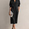 Women's Elegant Black Shirt Collar Short-sleeved Midi Dress